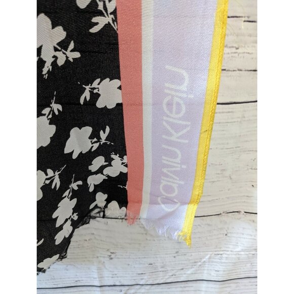 Calvin Klein 100% Silk Scarf Long Rectanle Black White Stripe Fringe Logo 70*17" - Picture 4 of 6
